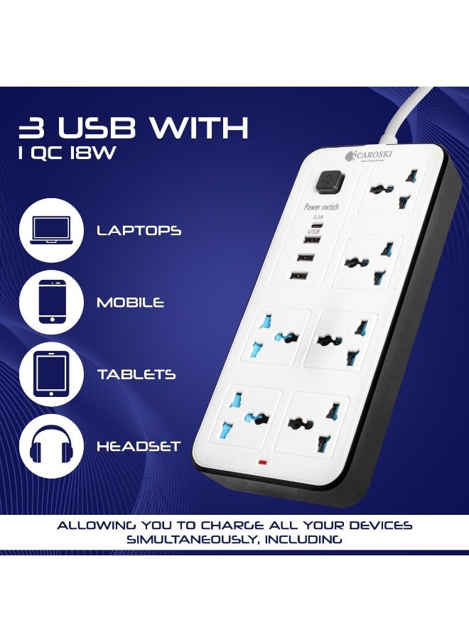 CAROSKI Tower Extension Cord, 6-Power Socket with 4 USB Charger Station - Fire Retardant Multi-Plug Office Supplies Protected Extension Cable (6 Way Universal)  - Image 4