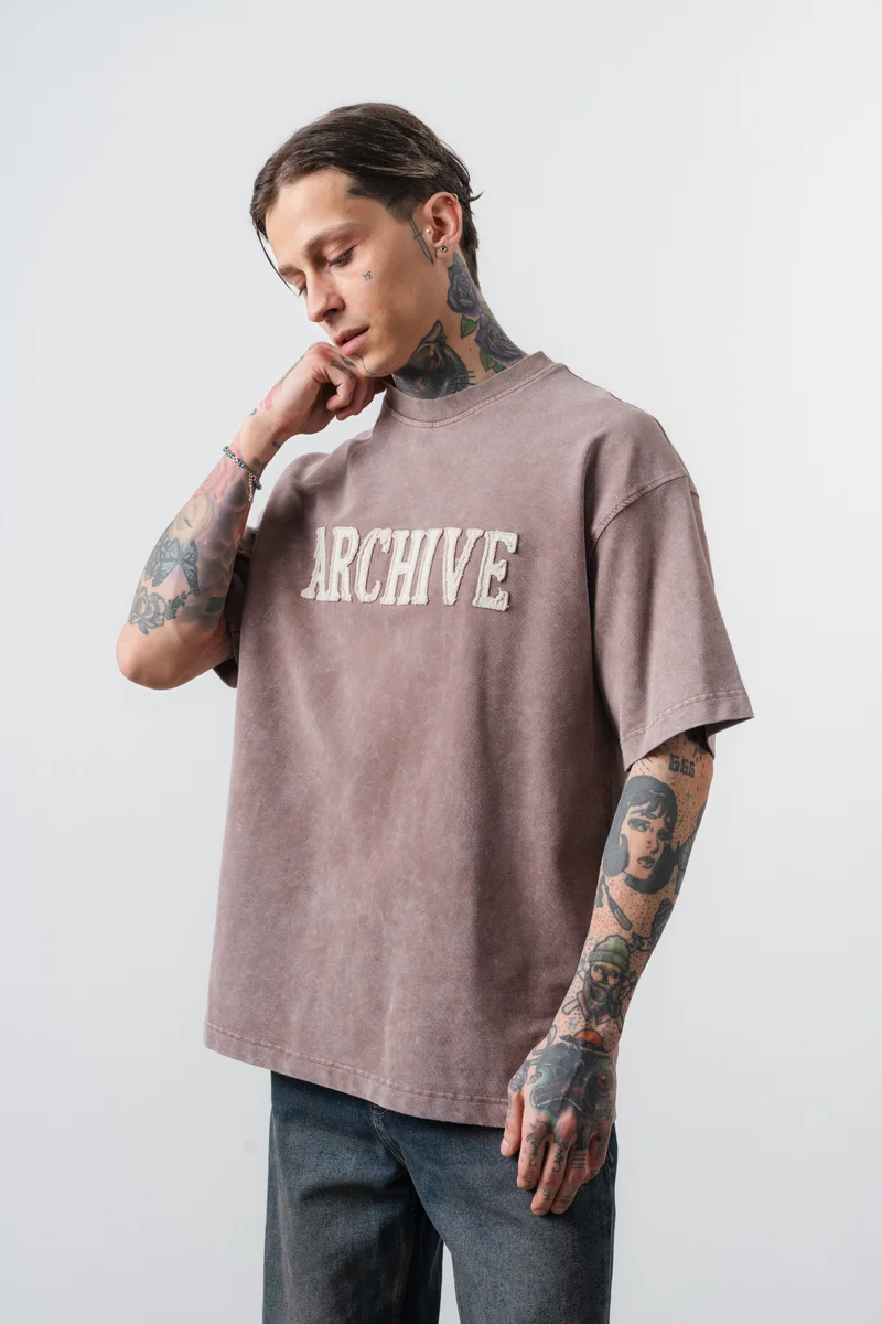 RESPIRE Men's Archive Embroidered Washed Oversize T-Shirt, Brown
