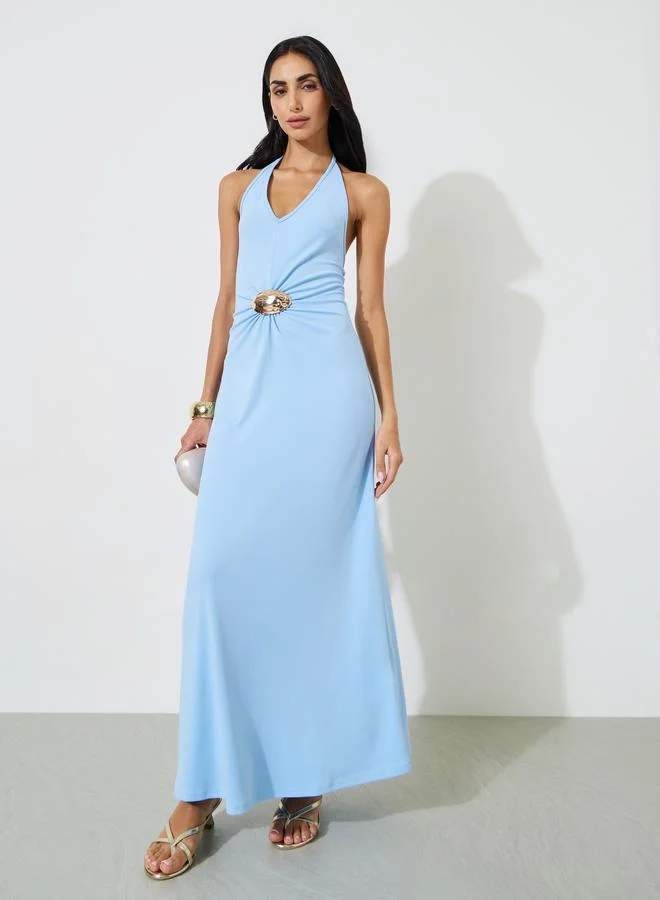 ستايلي Blue Halter Neck Maxi Dress with Gold Buckle Detail