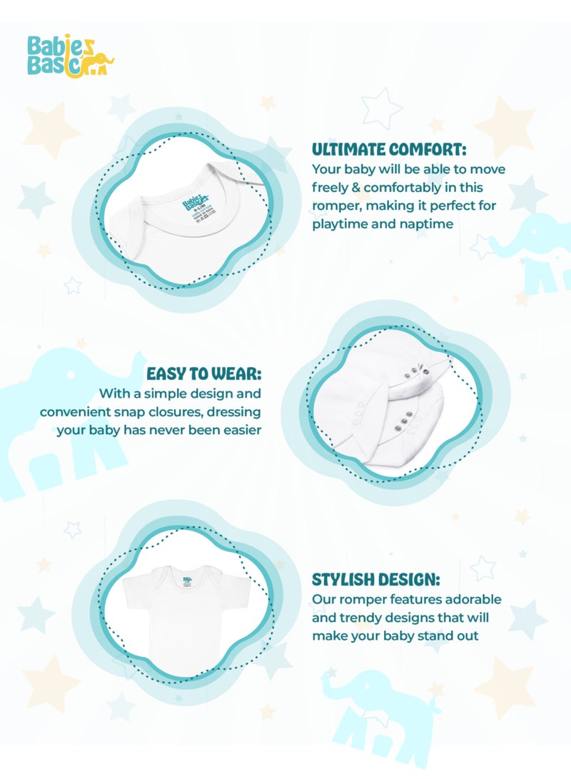 Babies Basic 100% Super Combed Cotton, Short Sleeves Romper/Bodysuit, For New Born To 24Months, Set Of 6 - White  - Image 3