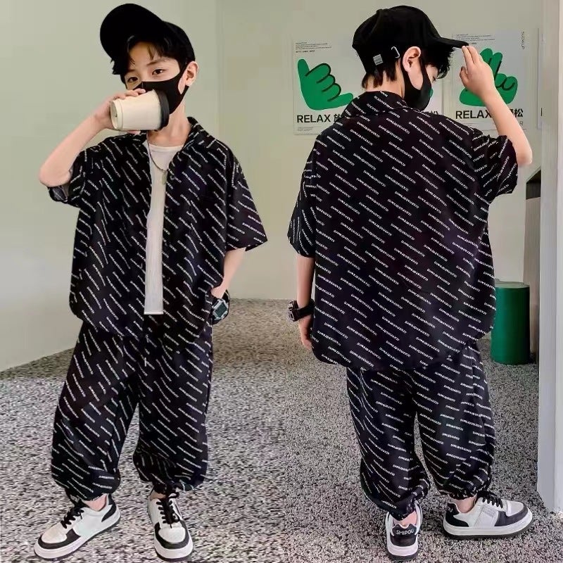 Boys Summer Short Sleeve Shirt Set 2024 Trendy Black 825 suit