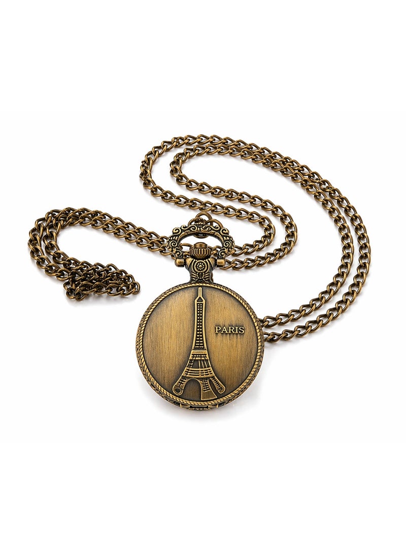 Vintage Pocket Watch Necklace for Men & Women – Paris Eiffel Tower Design – Quartz Pendant Watch with Chain – Antique Bronze & Silver Classic Retro Gift (Antique Bronze) - Image 1
