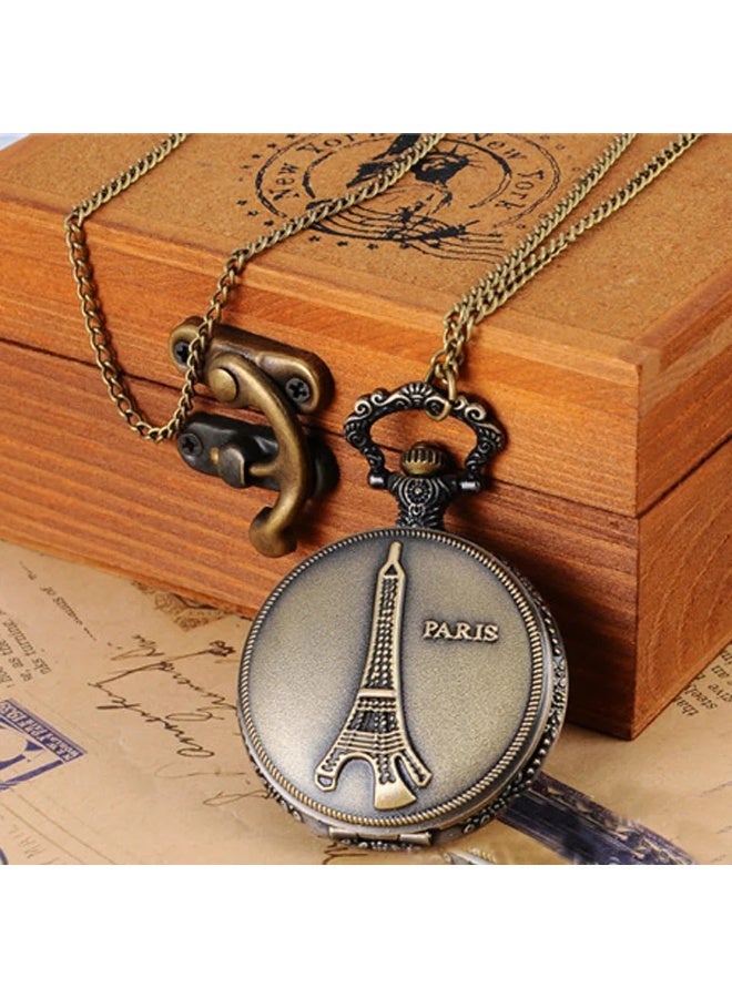 Vintage Pocket Watch Necklace for Men & Women – Paris Eiffel Tower Design – Quartz Pendant Watch with Chain – Antique Bronze & Silver Classic Retro Gift (Antique Bronze) - Image 4