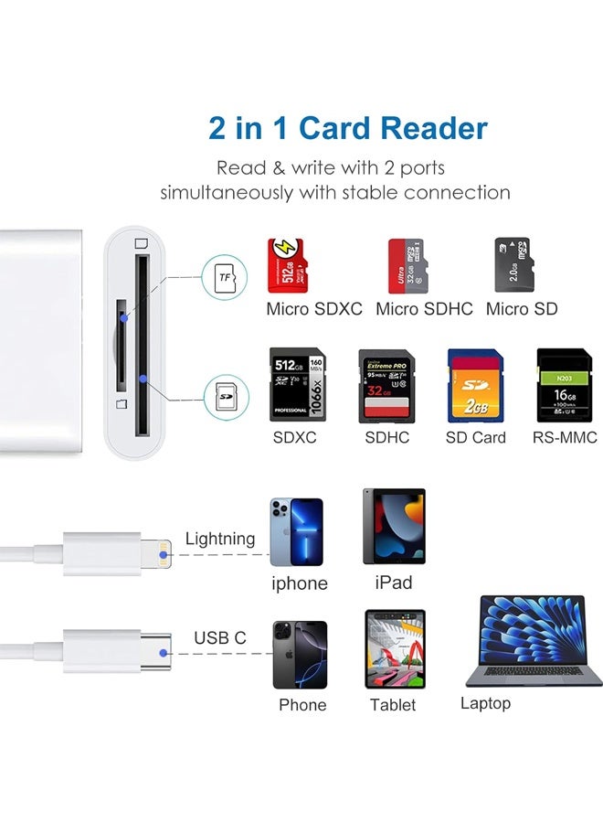 SD Card Reader for iPhone iPad, 2 in 1 SD/Micro SD Card Adapter Dual Connector (Lightning & USB-C) for SD and TF Memory Cards, Trail Camera Viewer with No Driver Needed Plug & Play - Image 2