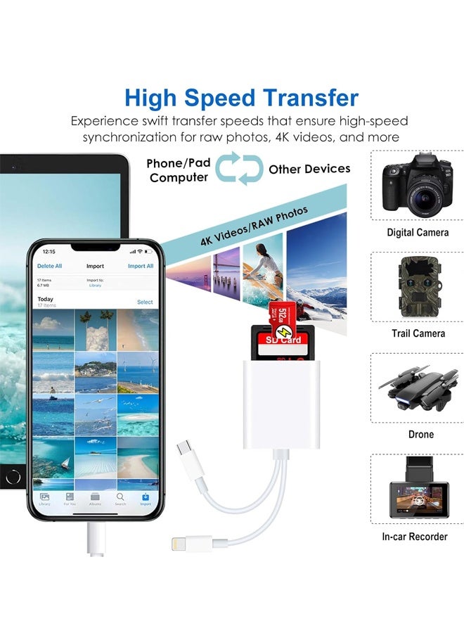 SD Card Reader for iPhone iPad, 2 in 1 SD/Micro SD Card Adapter Dual Connector (Lightning & USB-C) for SD and TF Memory Cards, Trail Camera Viewer with No Driver Needed Plug & Play - Image 4