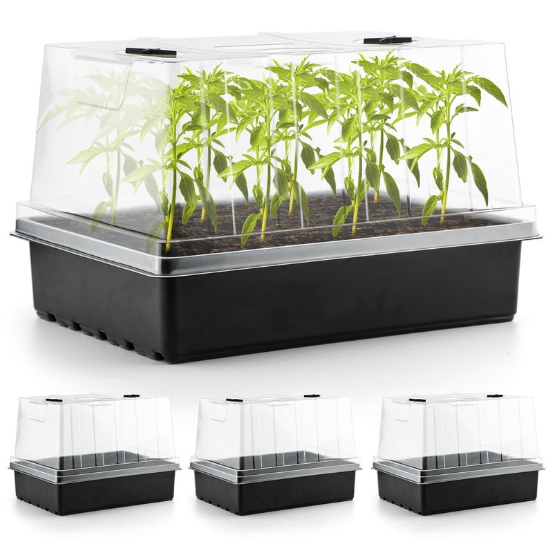 RooTrimmer 4-Pack Seed Starter Trays with 5'' Tall Humidity Domes â€“ Reusable Plant Germination Kit for Microgreens, Herbs & Indoor Gardening | Clear Vented Lids, Fast Seedling Growth & Durable Design - Image 1
