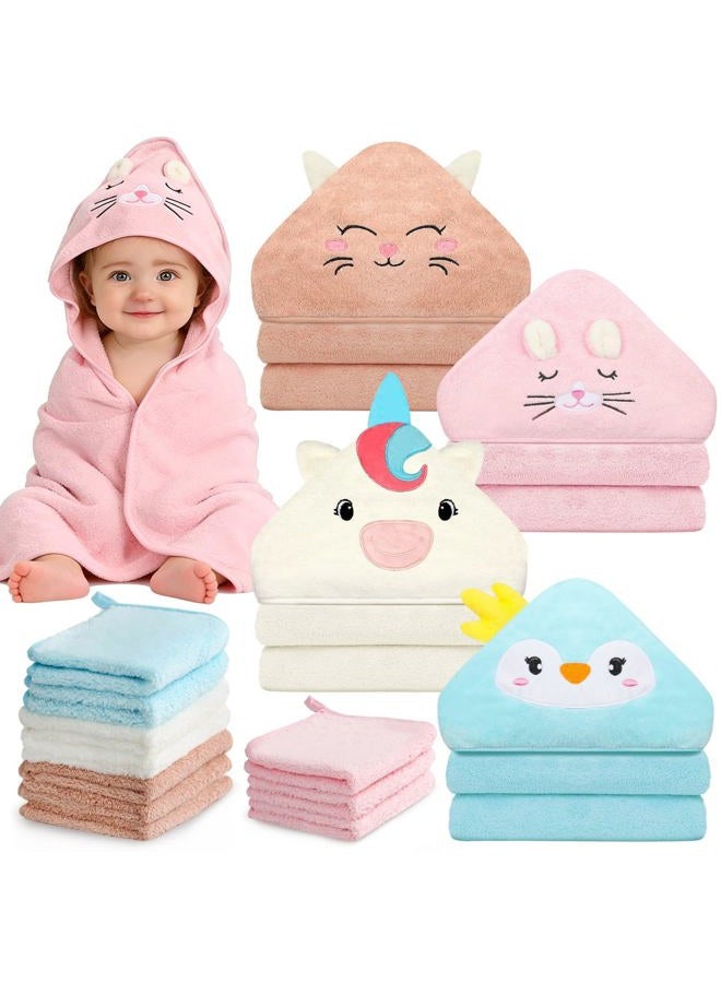 Flasoo 14 Pcs Baby Towel Set, Soft Baby Bath Towels and Washcloths Set, 4 Pcs 32x32 in Cute Animal Hooded Baby Towel and 10 Pcs Baby Washcloths for Infants, Toddlers and Kids - Image 1