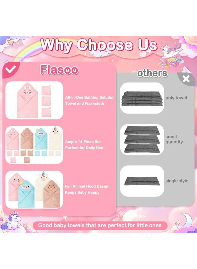 Flasoo 14 Pcs Baby Towel Set, Soft Baby Bath Towels and Washcloths Set, 4 Pcs 32x32 in Cute Animal Hooded Baby Towel and 10 Pcs Baby Washcloths for Infants, Toddlers and Kids - Image 2