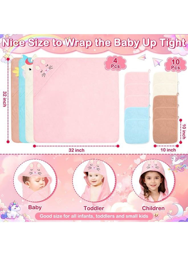 Flasoo 14 Pcs Baby Towel Set, Soft Baby Bath Towels and Washcloths Set, 4 Pcs 32x32 in Cute Animal Hooded Baby Towel and 10 Pcs Baby Washcloths for Infants, Toddlers and Kids - Image 3