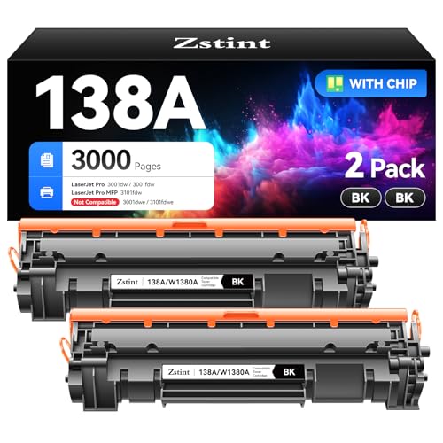 Zstint 138A W1380A Black Toner Cartridge set 2-Pack High Yield with Chip Replacement for HP 138A W1380A 138X W1380X Cartridge Compatible with HP Laser Jet Pro 3001dw 3001fdw MFP 3101fdw Series Printer Toner - Image 1
