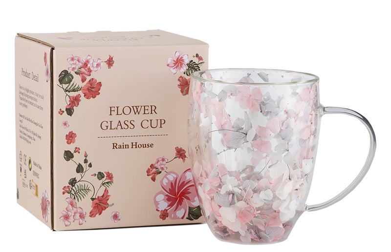 Double Glass Flower Tea Cup Aesthetic Preserved Flower Cup Cute Insulated Tea Cup with Handle Heat Resistant Leadfree Coffee Mugs Gifts for Birthday Mothers Day Perfect for Women Wife Mom P