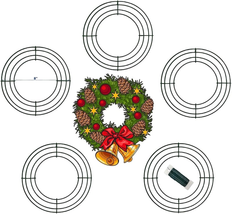 MTB Garden 8 Inch Christmas Green Wire Wreath Frame,5 Pack Metal Front Door Wreath Round Form Iron Ring for Christmas, New Year Decors, Crafts, DIY, Holidays, Events - Image 1