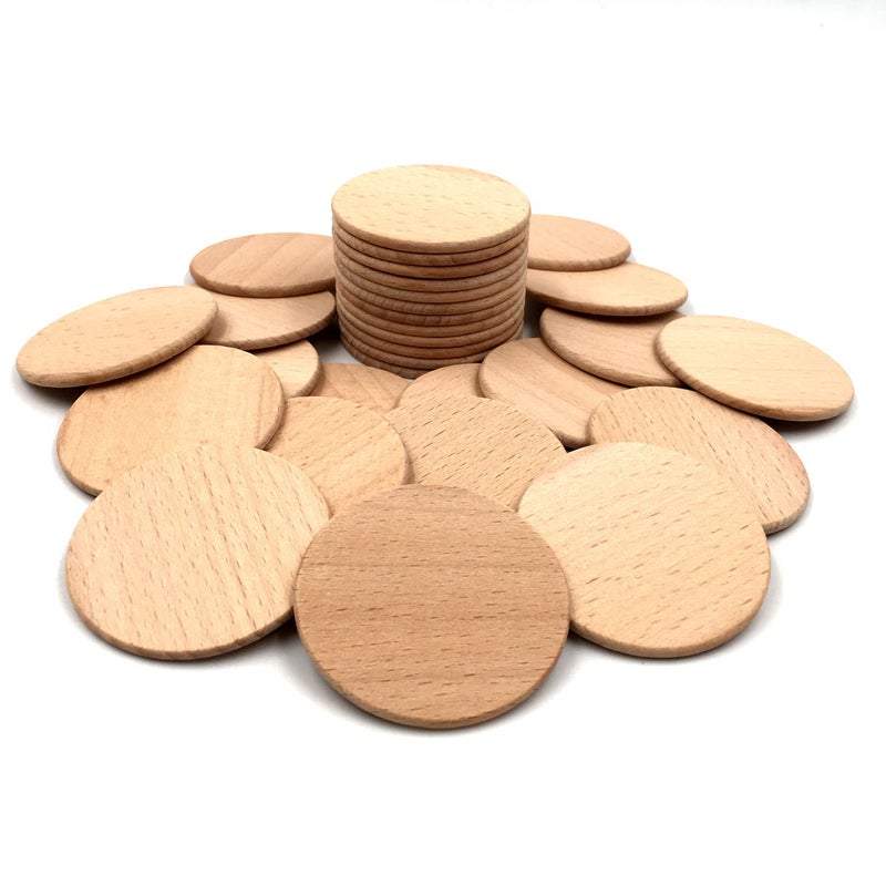 HEOCAKR 2 Inch Natural Beech Wood Slices 30 Pcs Unfinished 5cm Solid Wooden Coins Rounds Cutouts Tokens for Crafts Projects DIY Crafts Ornaments