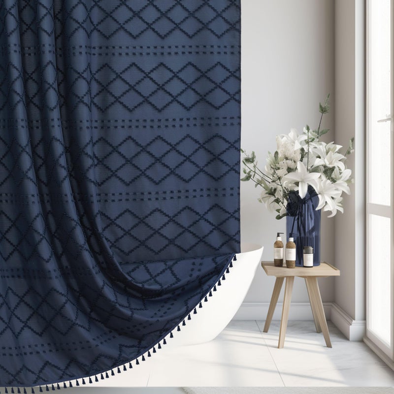 Siiluminisoy Navy Blue Shower Curtain Boho Shower Curtains Fabric, Tufted Chevron Textured Striped Modern Minimalist Cloth Shower Curtain for Bathroom, 72 x 72 - Image 1