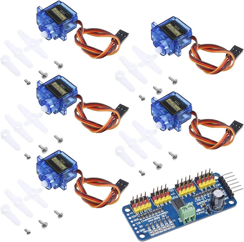 Electrobot SG90 Micro Servo Motor with 16-Channel 12-Bit PWM Servo Driver I2C Module Combo for Rduino UNO Mega Raspberry Pi Robotics DIY Projects (5 SG90 Motors + 1 PCA9685 Board) - Image 1