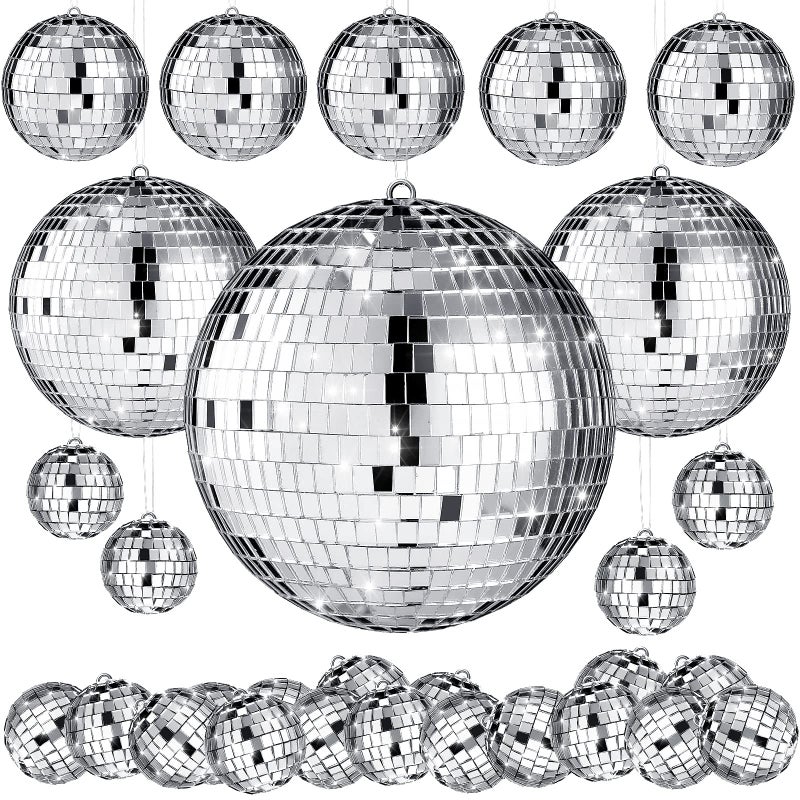 MTLEE 20 Pcs Disco Balls Decoration Mirror Disco Ball Assorted Silver Mini Glass Different Sizes Reflective with Rope for 70s Wedding Dance Music4 3 2 2 Inch