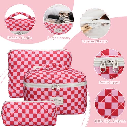 TESAFNG Quilted Makeup Bag Set - 3 PCS Cute Floral Cotton Makeup Bag, Large Coquette Aesthetic Make up Cosmetic Bag, Flower Travel Toiletry Organizer Bags for Women Girls - Image 3