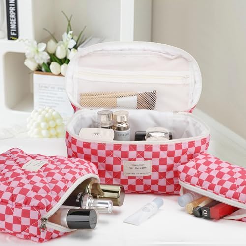TESAFNG Quilted Makeup Bag Set - 3 PCS Cute Floral Cotton Makeup Bag, Large Coquette Aesthetic Make up Cosmetic Bag, Flower Travel Toiletry Organizer Bags for Women Girls - Image 5