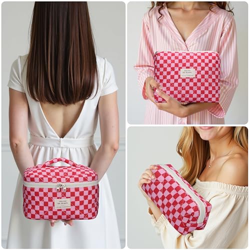 TESAFNG Quilted Makeup Bag Set - 3 PCS Cute Floral Cotton Makeup Bag, Large Coquette Aesthetic Make up Cosmetic Bag, Flower Travel Toiletry Organizer Bags for Women Girls - Image 4