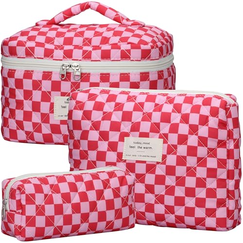 TESAFNG Quilted Makeup Bag Set - 3 PCS Cute Floral Cotton Makeup Bag, Large Coquette Aesthetic Make up Cosmetic Bag, Flower Travel Toiletry Organizer Bags for Women Girls - Image 1
