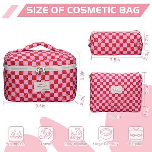 TESAFNG Quilted Makeup Bag Set - 3 PCS Cute Floral Cotton Makeup Bag, Large Coquette Aesthetic Make up Cosmetic Bag, Flower Travel Toiletry Organizer Bags for Women Girls - Image 2