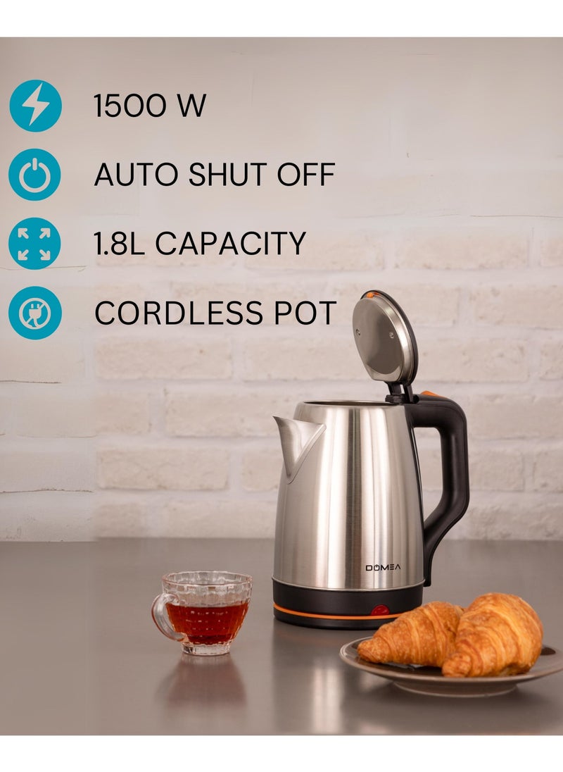 DOMEA Electric Kettle, 1.8 L Stainless Steel, 360° Cordless Electric Jug With Detachable Power Base, Auto Cut-off Function, 1500 W, Silver, 2 Year Warranty  - Image 1