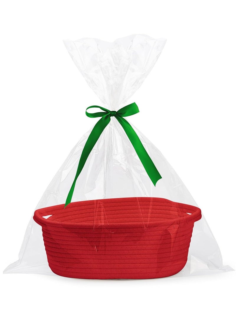 general Small Woven Basket with Gift Bags and Ribbons, DIY Basket Gift Set, Cute Baby Gift Basket, Empty Decorative Gift Chest Box, Durable Baskets for Birthday/Baby Shower Gifts, 12"X 8" X 5", Red  - Image 1