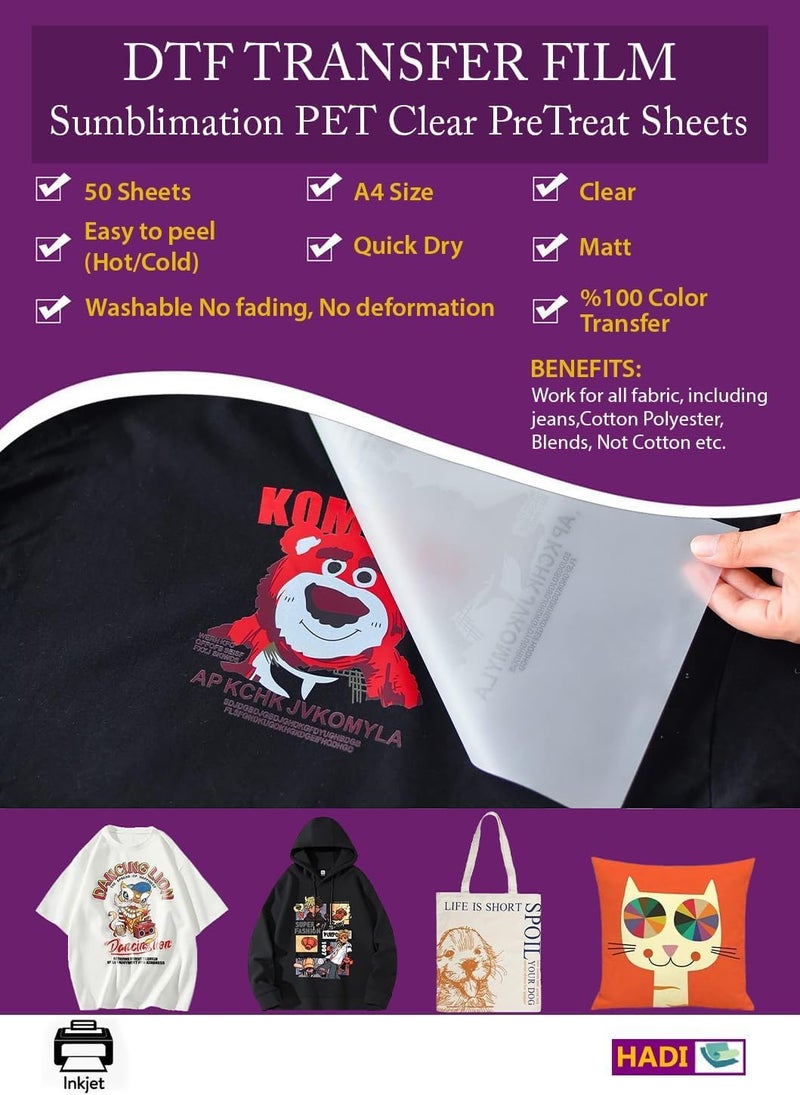 Premium DTF Transfer Film-A4 size 50 Sheets -Sumblimation PET Clear PreTreat Sheets-Heat Transfer Vinyl paper for DYI Direct on T-Shirts All Fabrics,Textile-Double Sided Matte -DTF Inkjet Printer