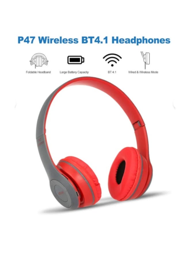 P47 Bluetooth Wireless Over-Ear Headphones, Red - Image 2