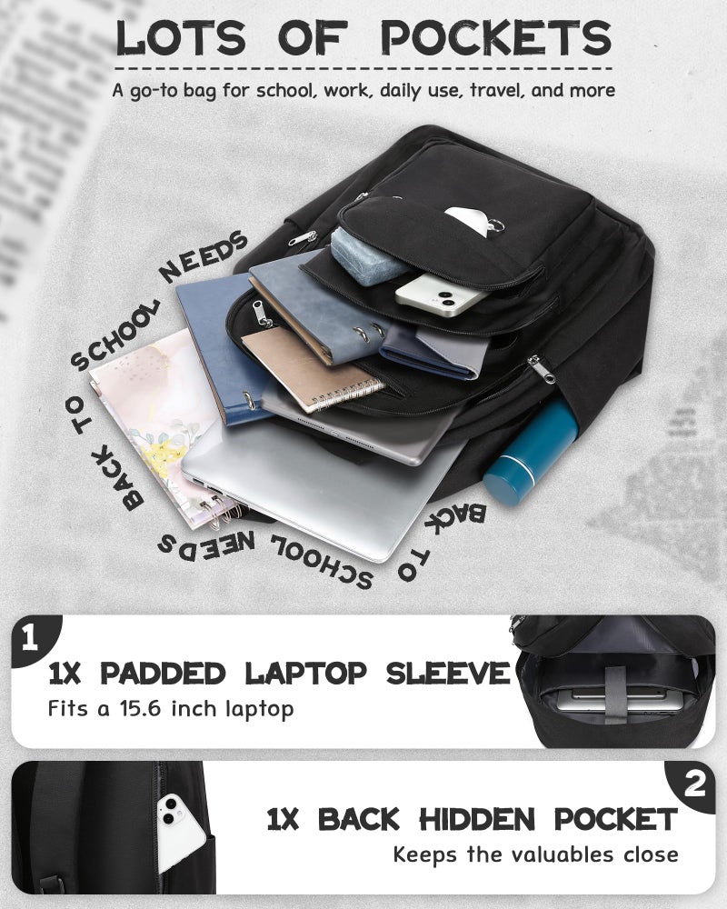 FOKDUVB Backpack for Middle High School Teen Boys Girls Large College Bookbag with Laptop Compartment Back to School Book Bags Mochilas Escolares para NiÃ±os NiÃ±as Adolescentes (Black, Solid) - Image 3
