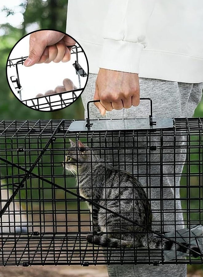 Hanayo Live Animal Cage Trap Large Double Doors Humane Rescue and Release Collapsible Cage Durable Trap Cage for Stray Cats Puppies Bobcats Beavers Groundhogs 65*23*26 CM(Black) - Image 4