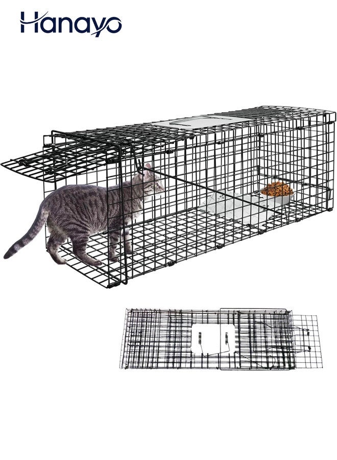 Hanayo Live Animal Cage Trap Large Double Doors Humane Rescue and Release Collapsible Cage Durable Trap Cage for Stray Cats Puppies Bobcats Beavers Groundhogs 65*23*26 CM(Black) - Image 1