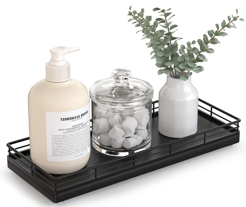 Focusonit Bathroom Tray for Counter Top Organizer â€“ Oak Wood Vanity Tray with Metal Frame for Dresser, Kitchen, Nightstand â€“ Black Decorative Storage - Image 1