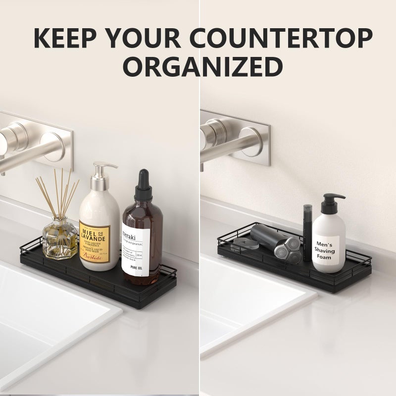 Focusonit Bathroom Tray for Counter Top Organizer â€“ Oak Wood Vanity Tray with Metal Frame for Dresser, Kitchen, Nightstand â€“ Black Decorative Storage - Image 2