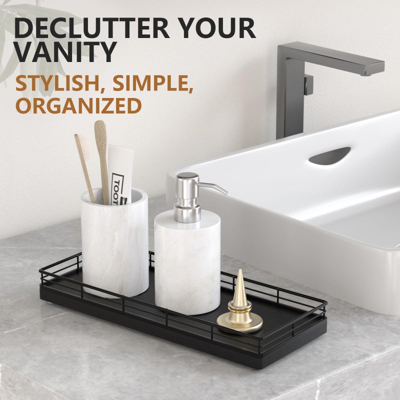 Focusonit Bathroom Tray for Counter Top Organizer â€“ Oak Wood Vanity Tray with Metal Frame for Dresser, Kitchen, Nightstand â€“ Black Decorative Storage - Image 3