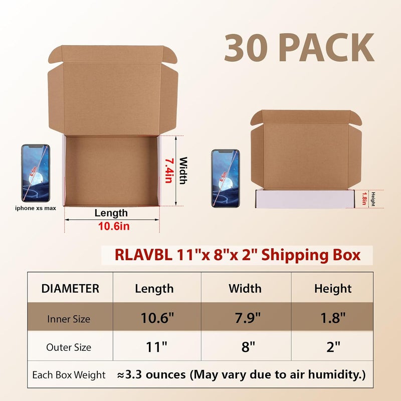 RLAVBL 11x8x2 Shipping Boxes Set of 30, White Corrugated Cardboard Mailer Box for Packing Mailing Small Business - Image 2