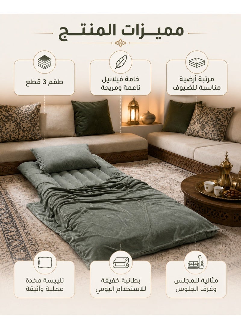 طقم دوشق مرتبة أرضية للضيوف 3 قطع فيلانيل – 90×190 سم مع بطانية وتلبيسة مخدة - Image 3