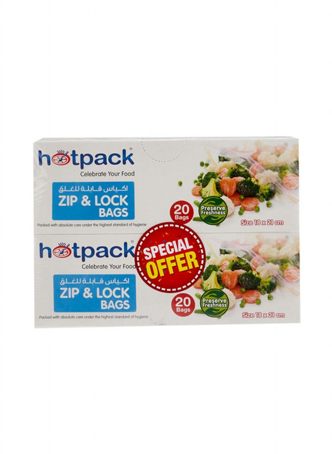 Hotpack Zipper Lock Bags 20 bags of 18 x 21cm + 20 bags of 18x21cm,  TWIN PACK