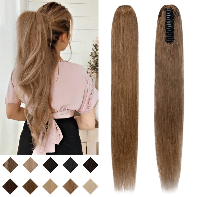 SEGO ملحق ذيل الحصان SEGO بمشبك مخلب من شعر الإنسان، ملحقات شعر ذيل حصان حقيقية، ذيول شعر حقيقية، ملحقات شعر طويلة مستقيمة للنساء، 14 بوصة، بني فاتح، 105 جرام