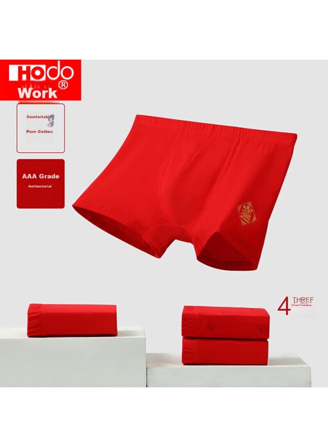 Hongdou Men's Underwear, Pure Cotton, Antibacterial, Bright Red, Zodiac Year, Mid-rise Boxer Briefs, 4-pack, Hongyun 170 - Image 3