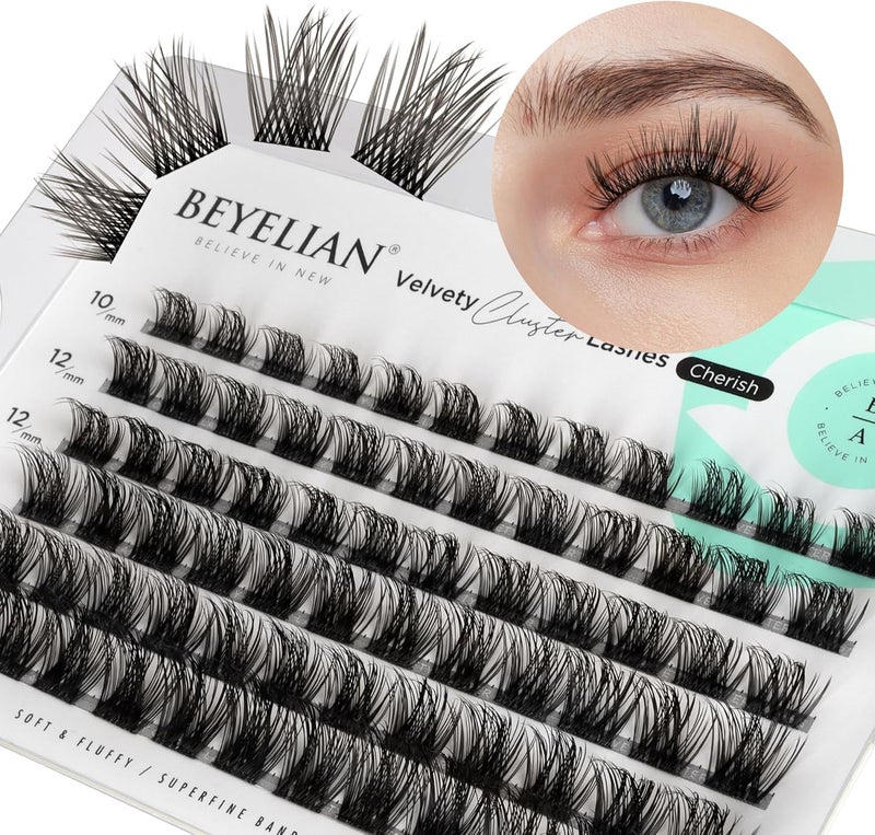 BEYELIAN Lash Clusters 60 Pcs D Curl 1016mm Individual Cluster Lashes False Eyelashes Extension Natural Look Soft Reusable Black Super Thin Band DIY Eyelash Extension Cherish