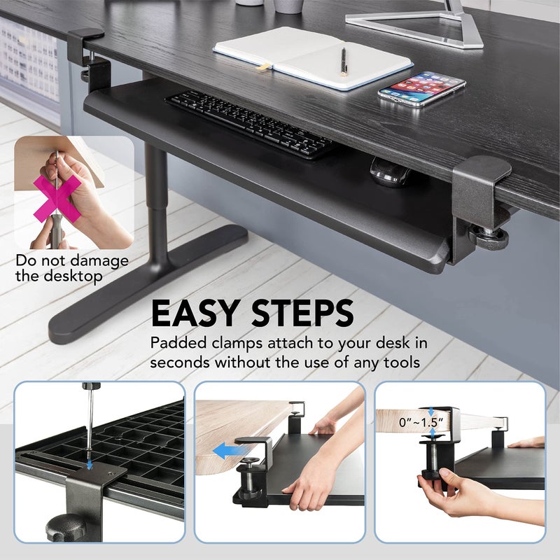 EHO صينية لوحة المفاتيح تحت المكتب EHO، كبيرة 27.5" × 12.2" قابلة للسحب مع درج مثبت بمشابك C من الصلب، منصة مريحة تناسب لوحة المفاتيح والفأرة بحجم كامل، تركيب بدون أدوات، متوافقة مع TAA - Image 5