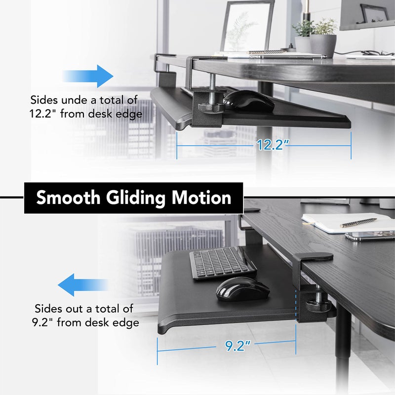 EHO صينية لوحة المفاتيح تحت المكتب EHO، كبيرة 27.5" × 12.2" قابلة للسحب مع درج مثبت بمشابك C من الصلب، منصة مريحة تناسب لوحة المفاتيح والفأرة بحجم كامل، تركيب بدون أدوات، متوافقة مع TAA - Image 2