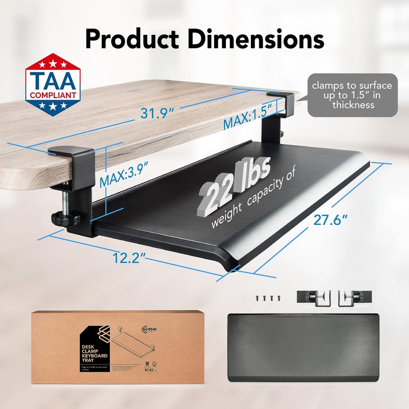 EHO صينية لوحة المفاتيح تحت المكتب EHO، كبيرة 27.5" × 12.2" قابلة للسحب مع درج مثبت بمشابك C من الصلب، منصة مريحة تناسب لوحة المفاتيح والفأرة بحجم كامل، تركيب بدون أدوات، متوافقة مع TAA - Image 4