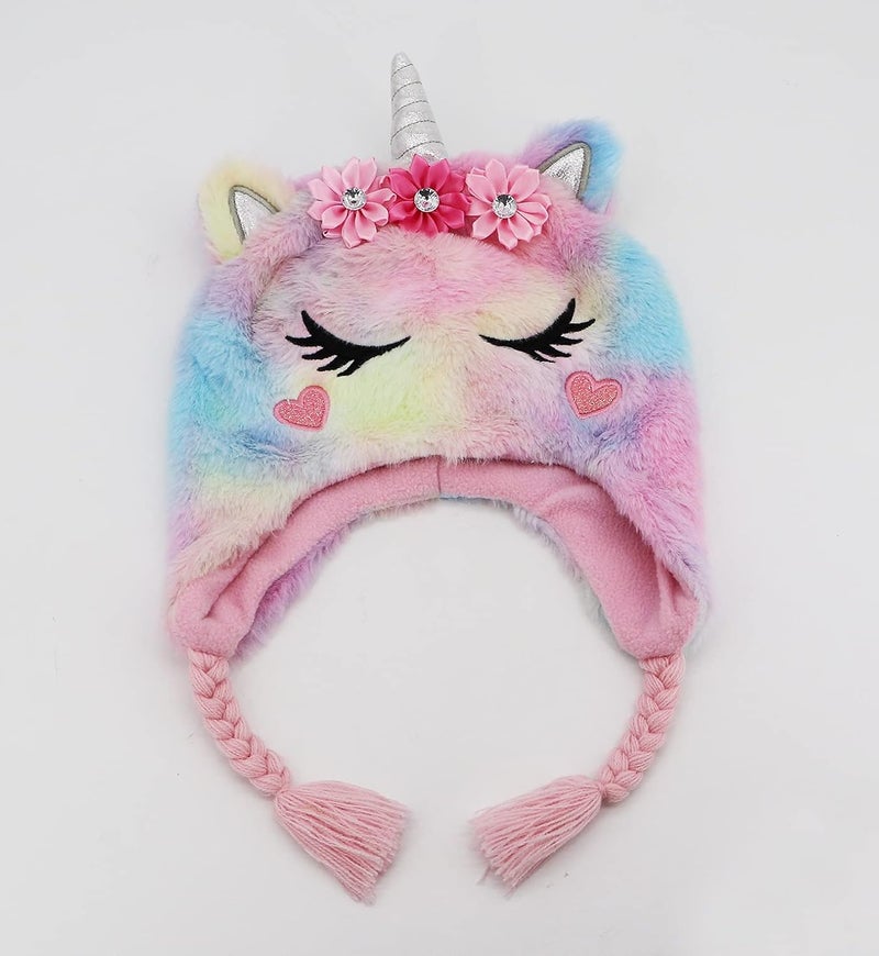 Newfancy Kids Little Girls Unicorn Beanie Winter Hat Rainbow Faux Fur Plush Fleece Lined Earflap Cap - Image 3