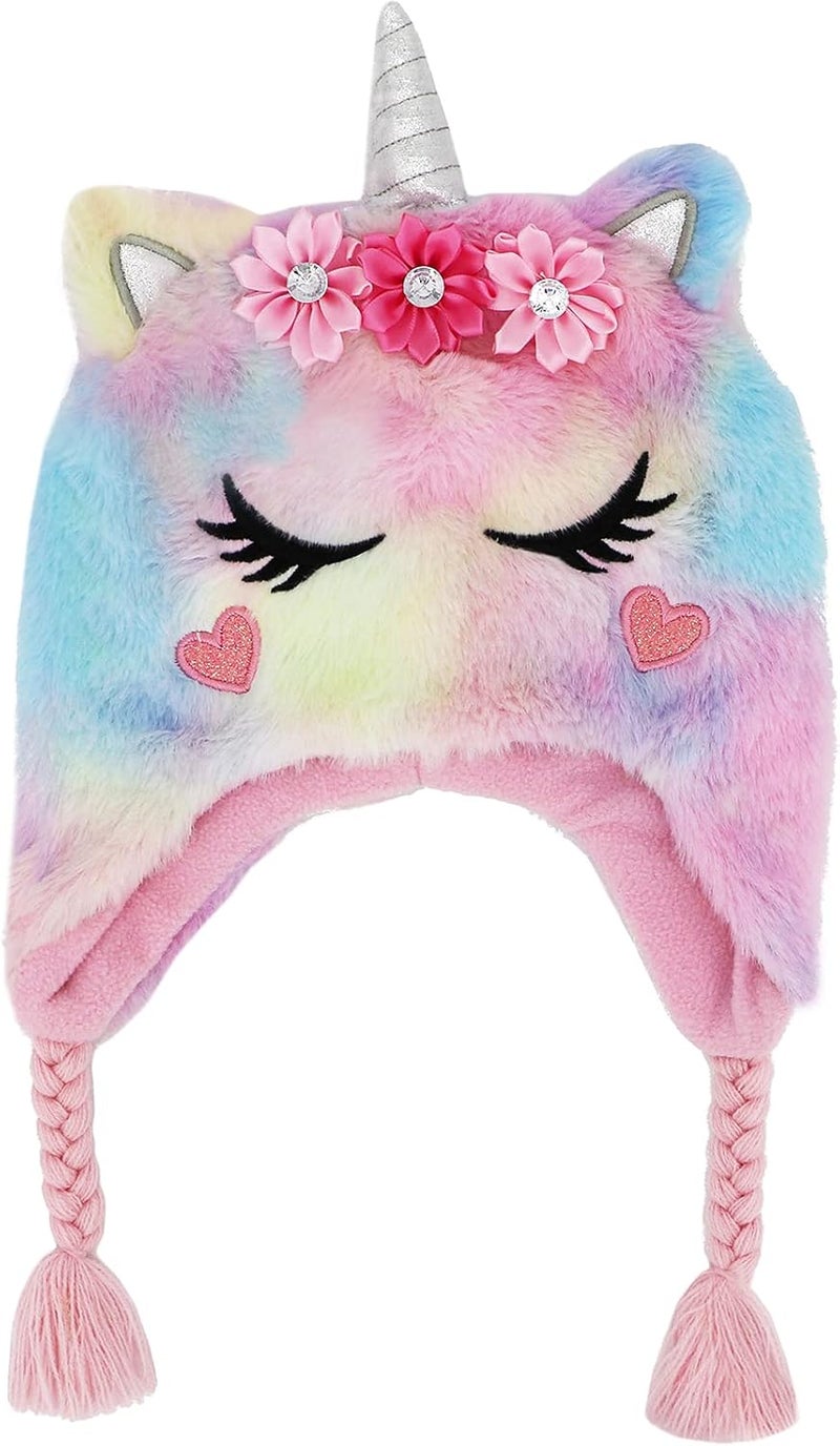 Newfancy Kids Little Girls Unicorn Beanie Winter Hat Rainbow Faux Fur Plush Fleece Lined Earflap Cap - Image 1