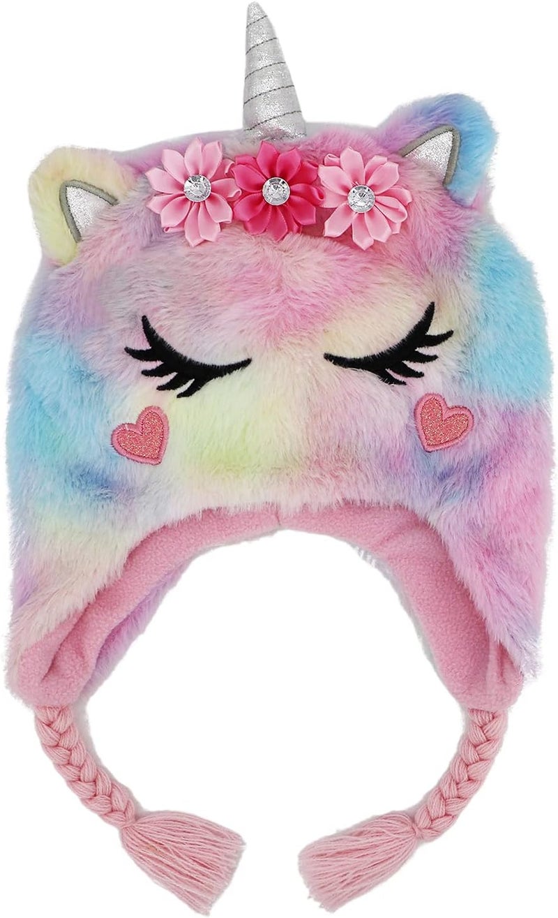 Newfancy Kids Little Girls Unicorn Beanie Winter Hat Rainbow Faux Fur Plush Fleece Lined Earflap Cap - Image 2