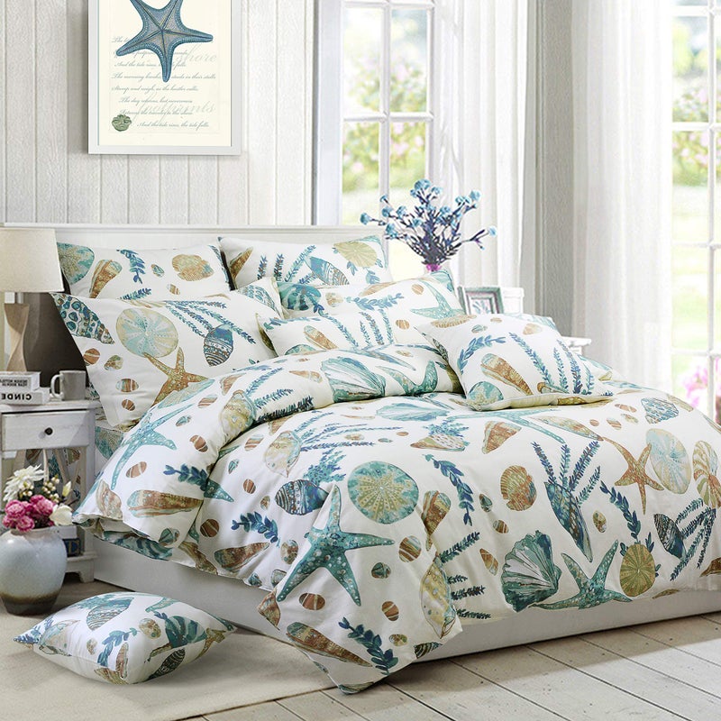 FADFAY Duvet Cover Set Beach Themed Bedding Sets 100% Cotton Super Soft Coastal Bedding White Teal Seashells and Starfish Nautical Bedding with Hidden Zipper Closure 3 Pieces King/Cal King Size - Image 1