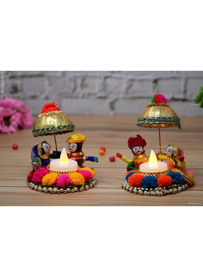 JH Gallery Recycled Material Rajasthani Raja Rani Puppet/Dolls Decorative Tealight Candle Holder (Pack of 2) - Image 1