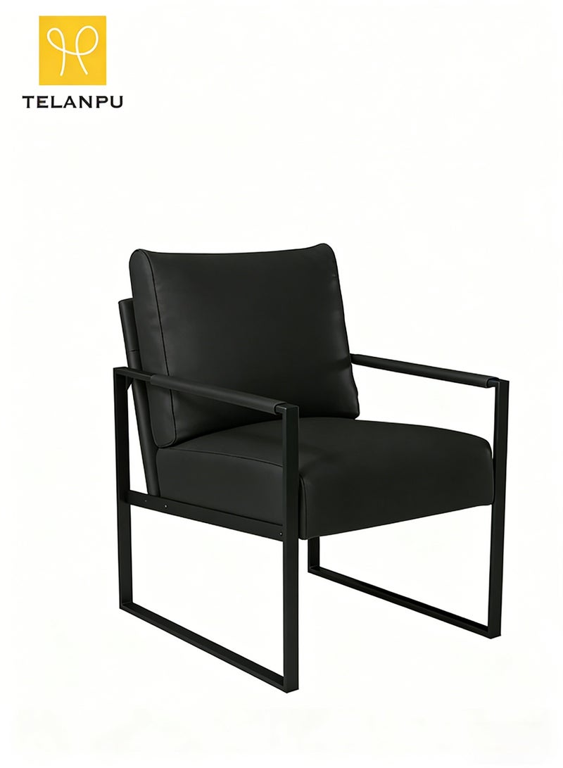 TELANPU Modern PU Leather Accent Chair with Lumbar Pillow, Comfortable Armchair with Sturdy Metal Frame and Leather Wrapped Handrails, Mid-Century Reading Chair for Living Room, Bedroom, Office, Black - Image 1